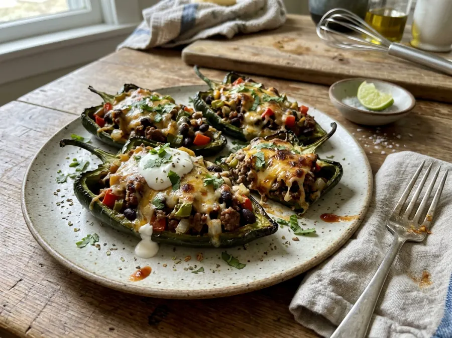Cheesy Beef Stuffed Poblano Peppers