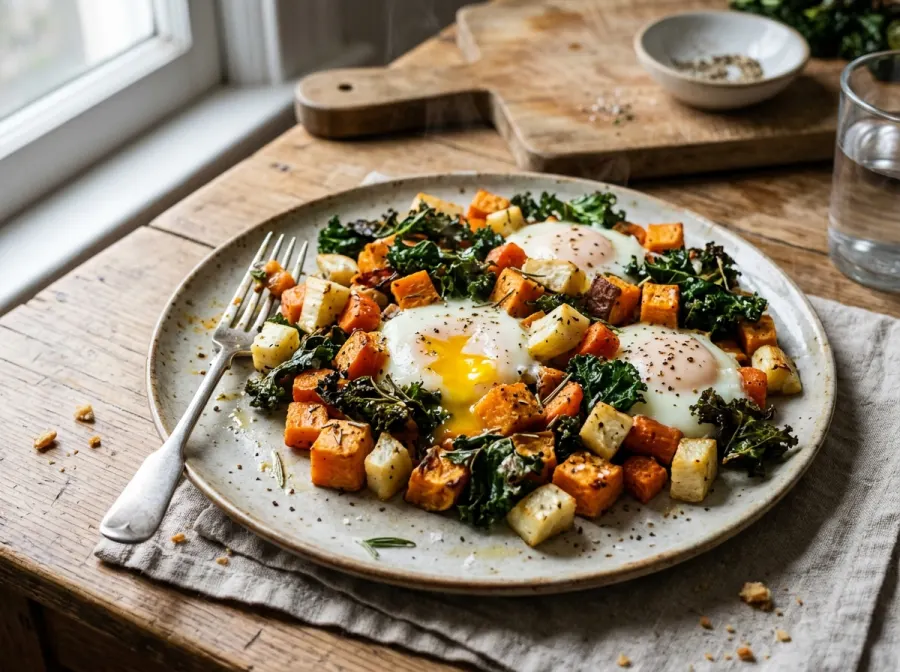 Plat de légumes racines et chou frisé à la plaque pour le petit-déjeuner